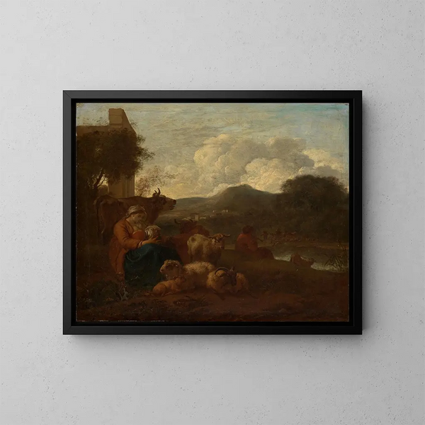 a woman nursing her child with the flock in a southern landscape - Simon van der Does — framed artwork on a wall