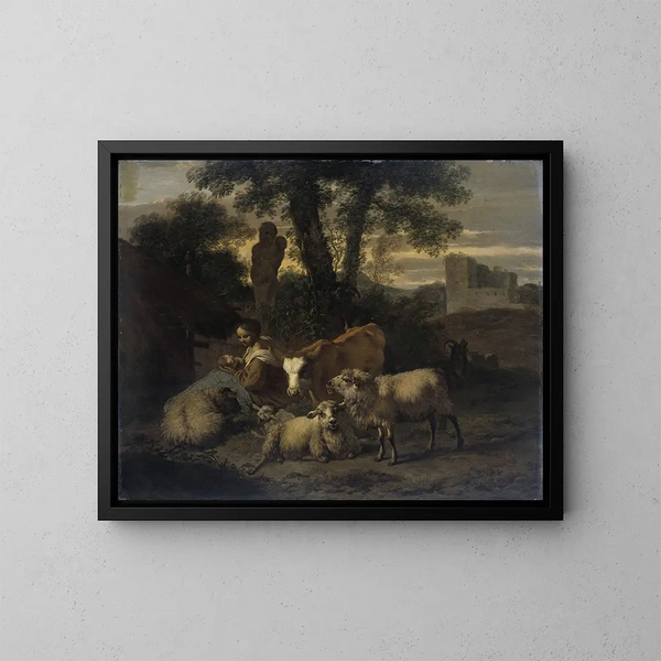 Italian landscape with shepherdess and herds - Simon van der Does — framed artwork on a wall