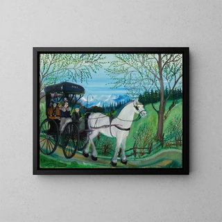 En route pour la fête - Simone Marie Bouchard — framed artwork on a wall