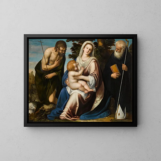 The Virgin and Child with Saints John the Baptist and Benedict - Simone Peterzano — framed artwork on a wall