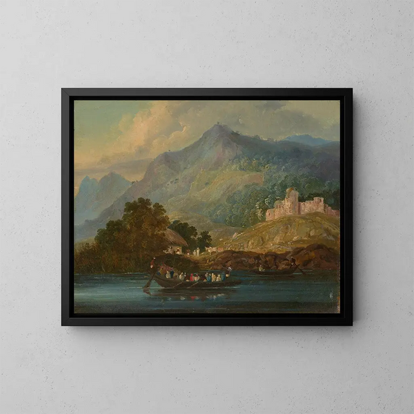 Landscape painting with figures in a boat on the Ganges River - Sir Charles D'Oyly — framed artwork on a wall