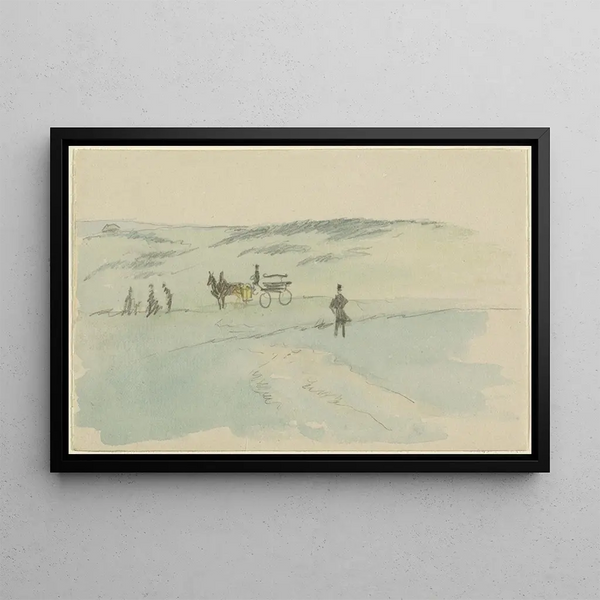 Landscape painting with figures and a carriage - Sir David Wilkie — framed artwork on a wall