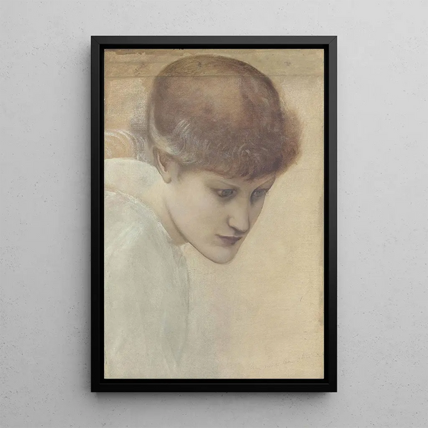 Study of Dorothy Dene's head looking down for The Golden Stairs - Sir Edward Coley Burne-Jones — framed artwork on a wall