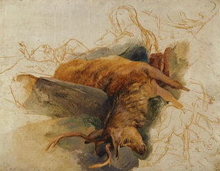 a dead stag with sketched figures of a gamekeeper and dogs - Sir Edwin Henry Landseer — artwork view