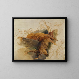 a dead stag with sketched figures of a gamekeeper and dogs - Sir Edwin Henry Landseer — framed artwork on a wall