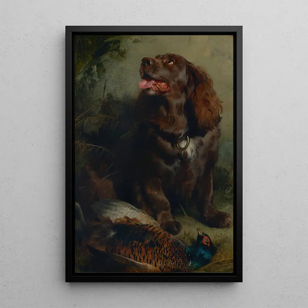 A Sussex spaniel and a pheasant - Sir Edwin Henry Landseer — framed artwork on a wall