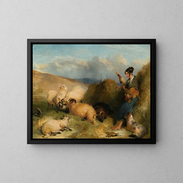 Lassie guarding sheep - Sir Edwin Henry Landseer — framed artwork on a wall