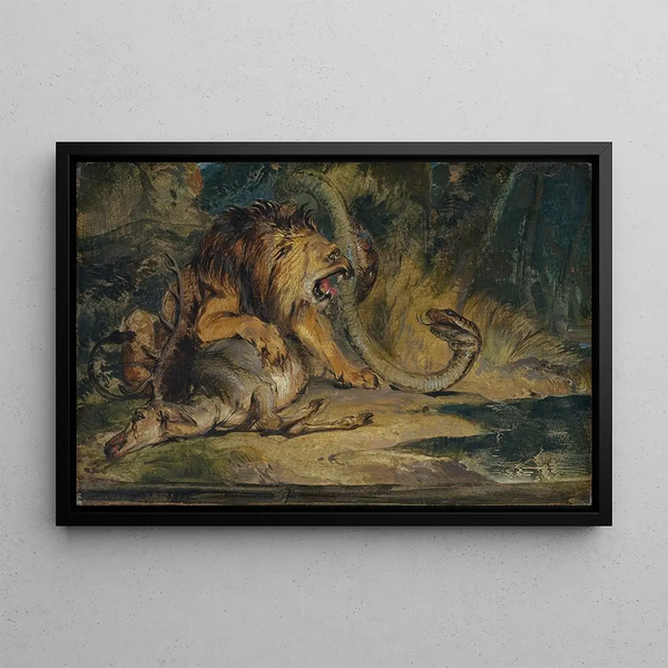 Lion defending its prey - Sir Edwin Henry Landseer — framed artwork on a wall