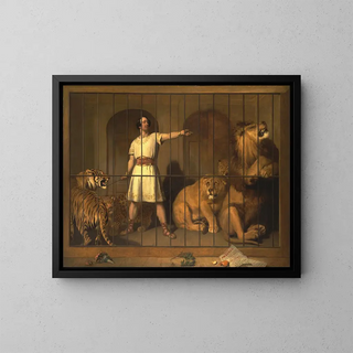 Portrait painting of M. Van Amburgh as he appeared with his animals in London theaters - Sir Edwin Henry Landseer — framed artwork on a wall