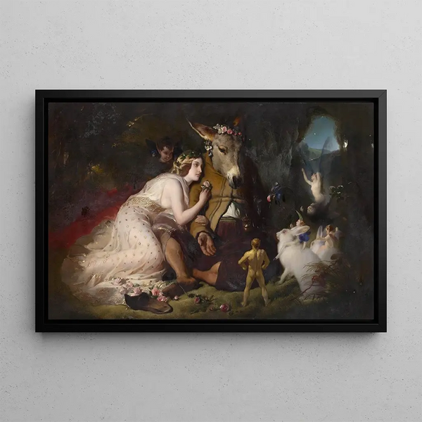 Scene from A Midsummer Night's Dream Titania and Bottom - Sir Edwin Henry Landseer — framed artwork on a wall