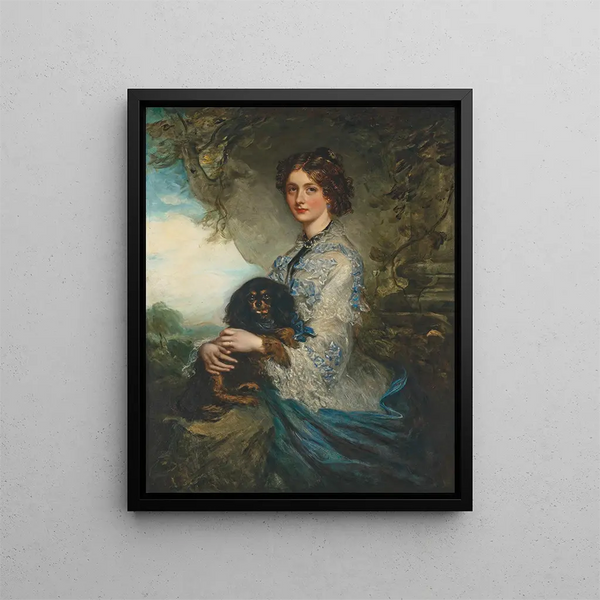 Portrait of Lady Alice Peel holding a King Charles Spaniel on her knees - Sir Francis Grant — framed artwork on a wall