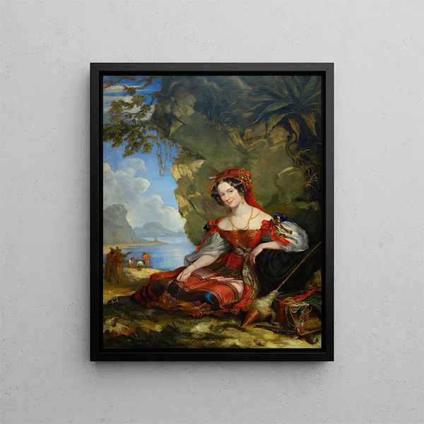 Portrait of Lady Caroline Montagu in Byron costume by Sir George Hayter — framed artwork on a wall
