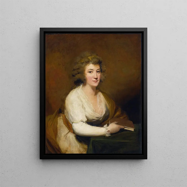 Portrait of Lady Nasmyth in a white dress and brown shawl, sitting at a table holding a book - Sir Henry Raeburn — framed artwork on a wall