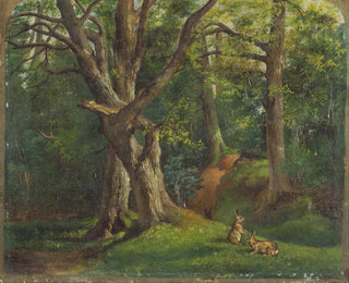 Forest scene painting with rabbits - Sir Hubert von Herkomer — artwork view