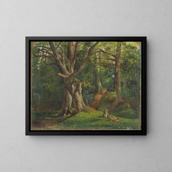 Forest scene painting with rabbits - Sir Hubert von Herkomer — framed artwork on a wall