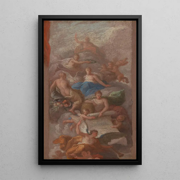 La Gratitude couronnée par la Paix avec d'autres figures allégoriques de l'Industrie, la Renommée et l'Abondance - Sir James Thornhill — framed artwork on a wall
