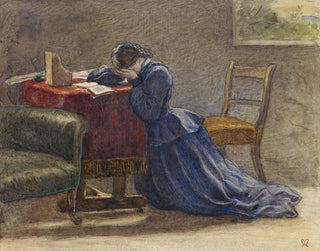 a woman holding her face in both hands, kneeling on the rug - Sir John Everett Millais — artwork view