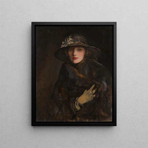A Lady in Brown - Sir John Lavery — framed artwork on a wall