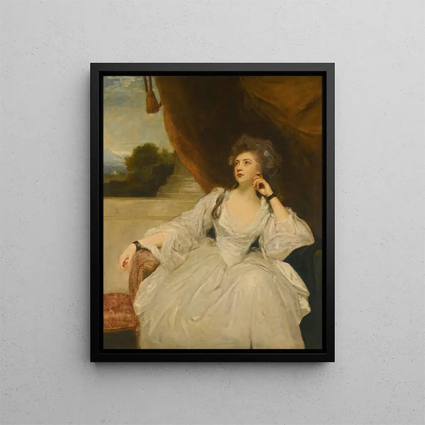 Portrait of Elizabeth Falconer, Mrs. Stanhope in contemplation - Sir Joshua Reynolds — framed artwork on a wall