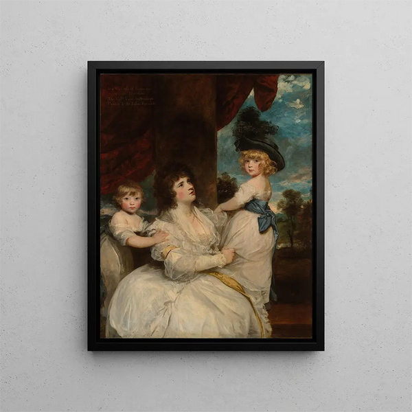 Portrait painting of Jane, Countess of Harrington, with her sons Viscount Petersham and Honorable Lincoln Stanhope - Sir Joshua Reynolds — framed artwork on a wall