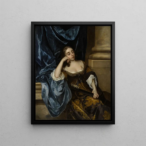 Portrait painting of Elizabeth Capel, Countess of Carnarvon with a guitar - Sir Peter Lely — framed artwork on a wall