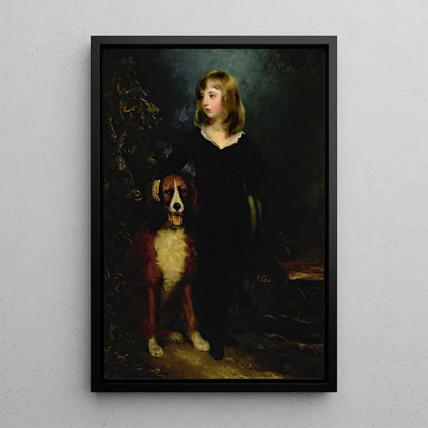 Portrait of a Boy Standing in a Landscape with His Dog, Known as Master Arbuthnot - Sir Thomas Lawrence — framed artwork on a wall