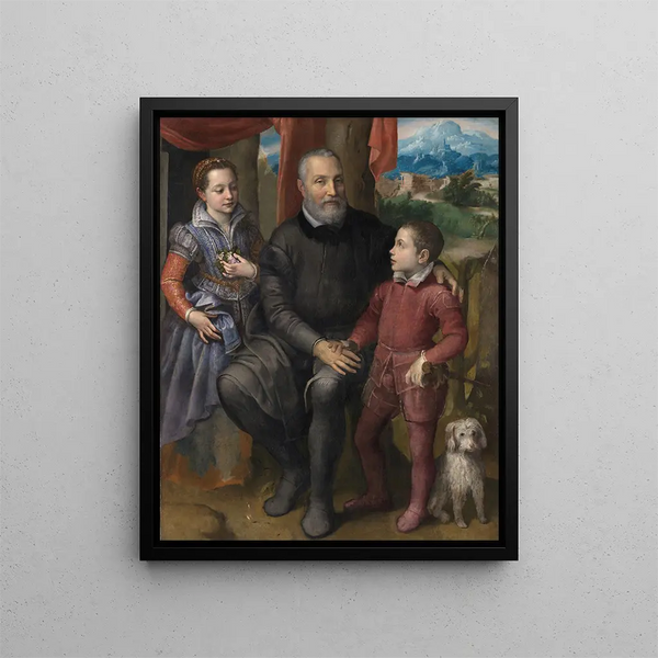 Group portrait painting with the artists Father Amilcare Anguissola and his brothers and sisters Minerva and Astrubale - Sofonisba Anguissola — framed artwork on a wall