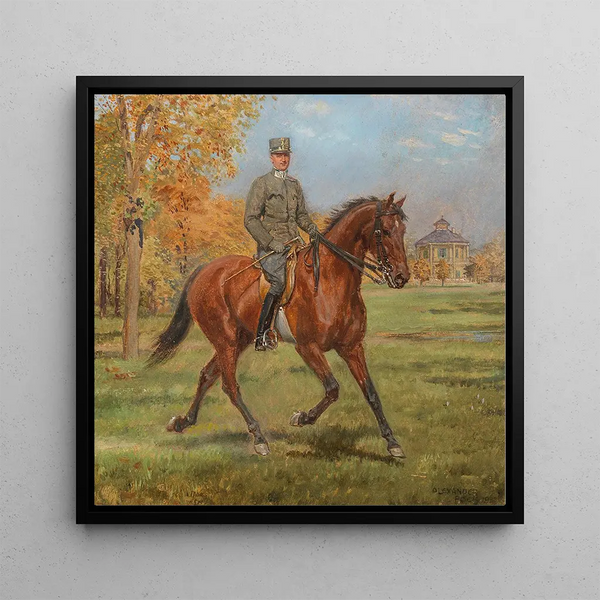Soldier on horseback in front of the pleasure pavilion in the Prater - Alexander Pock — framed artwork on a wall