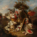 Sumptuous floral and fruit still life in a vast landscape - Francesco Lavagna — displayed in an interior