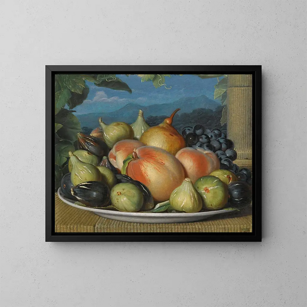 Still life with figs, peaches, a pear, and black grapes on a white plate, a vast landscape beyond - Spanish School — framed artwork on a wall