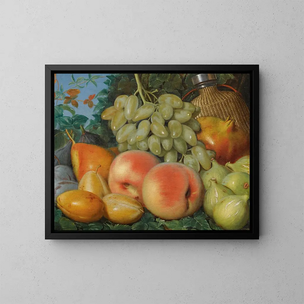 Still life with figs, plums, a pear, white grapes, and a flask - Spanish School — framed artwork on a wall