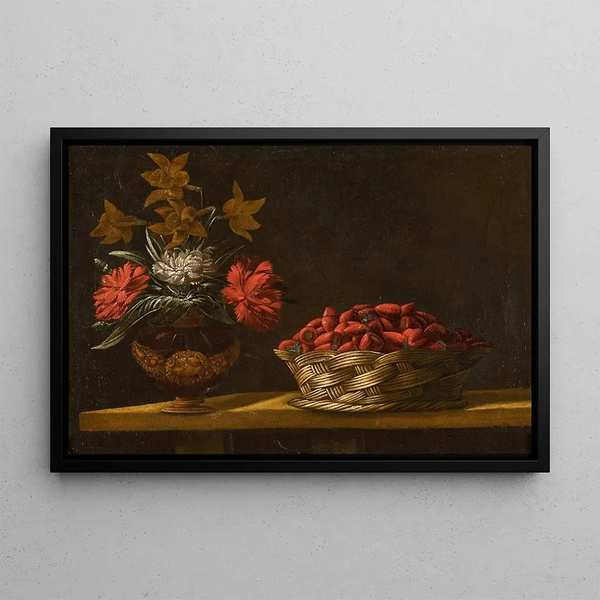 a Still life with a vase of flowers and a basket of strawberries on a table - Spanish School — framed artwork on a wall