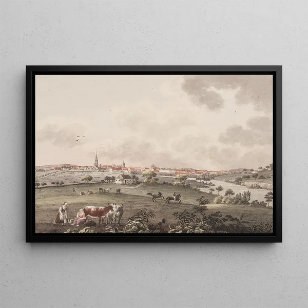 Odense on Fionie Island painting from the east side - Søren L. Lange — framed artwork on a wall