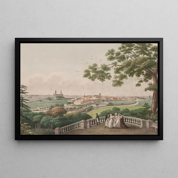 View of Helsingør, Kronborg and the strait between the coasts of Zealand and Scania, drawn from the terrace of Marienlyst Park - Søren L. Lange — framed artwork on a wall