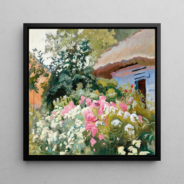 Flower Painting in front of the cottage - Stanisław Kamocki — framed artwork on a wall