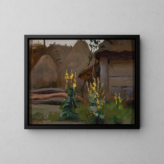 Landscape Study Painting: Mufliers in front of a cottage - Stanisław Straszkiewicz — framed artwork on a wall