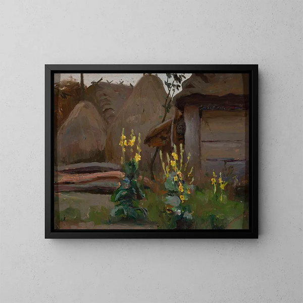 Landscape Study Painting: Mufliers in front of a cottage - Stanisław Straszkiewicz — framed artwork on a wall