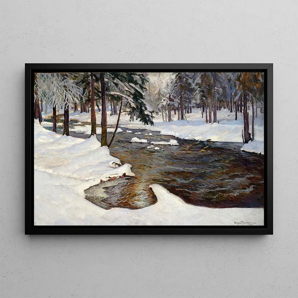 Stream in Winter Forest - Stefan Filipkiewicz — framed artwork on a wall