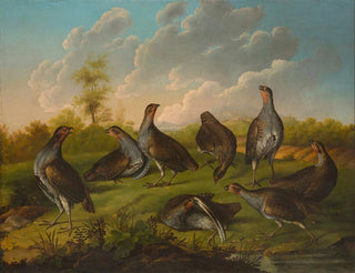 Flock of partridges in a landscape - Stephen Elmer — artwork view