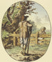 a painting of a man with a stick standing on a fence, back to the viewer, and a child on the other side. - Steven Gobl — artwork view