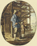In a wooden barn, a man with a stick stands in a defensive position, in front of him a boy holding his hat in front of his body - Steven Gobl — artwork view