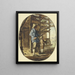 In a wooden barn, a man with a stick stands in a defensive position, in front of him a boy holding his hat in front of his body - Steven Gobl — framed artwork on a wall