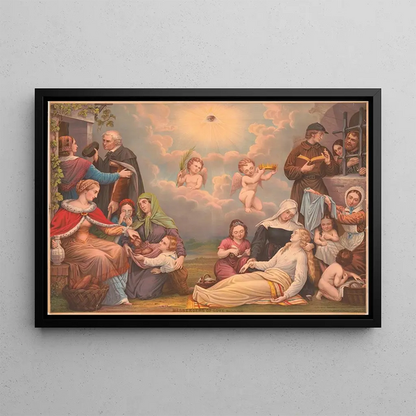 Messagers de l'amour Matthieu 25:35-36 - Strobridge Co Lith — framed artwork on a wall