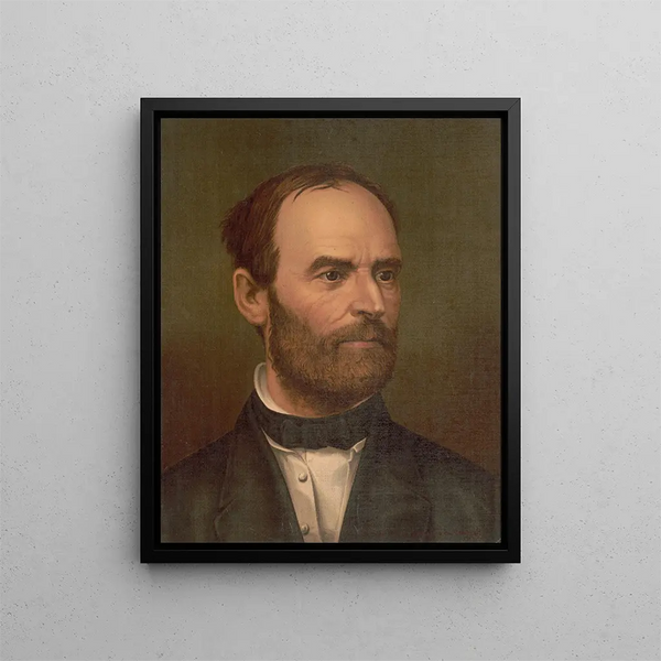 Portrait bust painting of William T. Sherman in profile - Strobridge Co Lith — framed artwork on a wall
