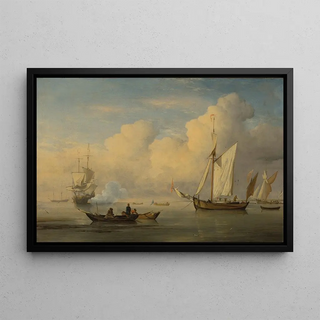 A galley at anchor with two fishing boats near the shore - Willem van de Velde II Workshop — framed artwork on a wall