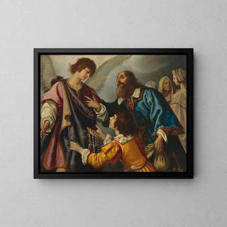 L'ange Raphaël refusing the gifts offered by Tobie - Atelier of Giovanni Biliverti — framed artwork on a wall