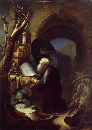 Studio of Gerrit Dou - A Hermit at Prayer.webp