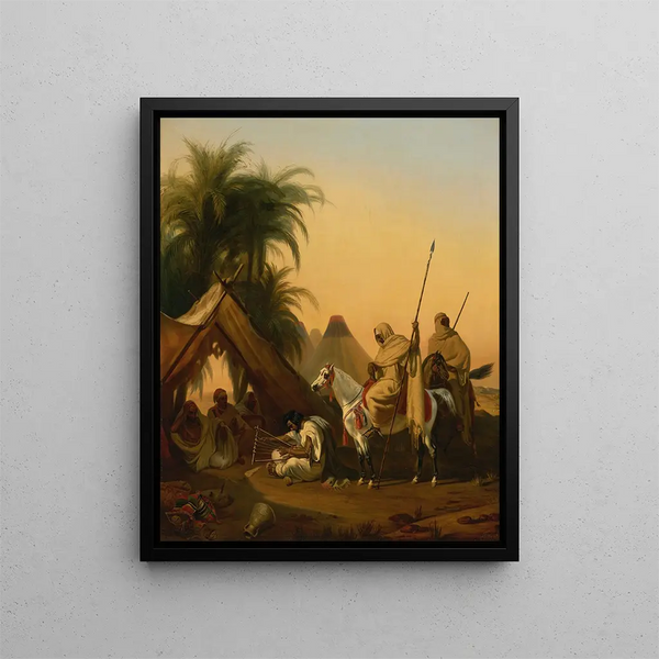 Arab knights and chiefs listening to a musician - Atelier by Émile Jean-Horace Vernet — framed artwork on a wall