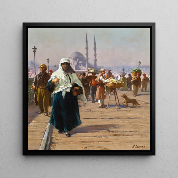 On the Galata Bridge, Constantinople - Fausto Zonaro — framed artwork on a wall