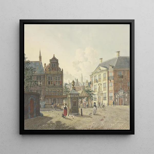 an open square painting, a well with a maid in a red skirt and a bucket - Johannes Huibert Prins — framed artwork on a wall